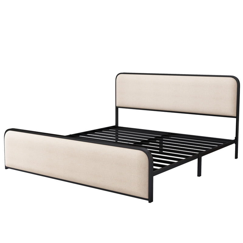 Modern Metal Bed Frame with Curved Upholstered Headboard and Footboard Bed with Under Bed Storage, Heavy Duty Metal Slats, King Size, Beige