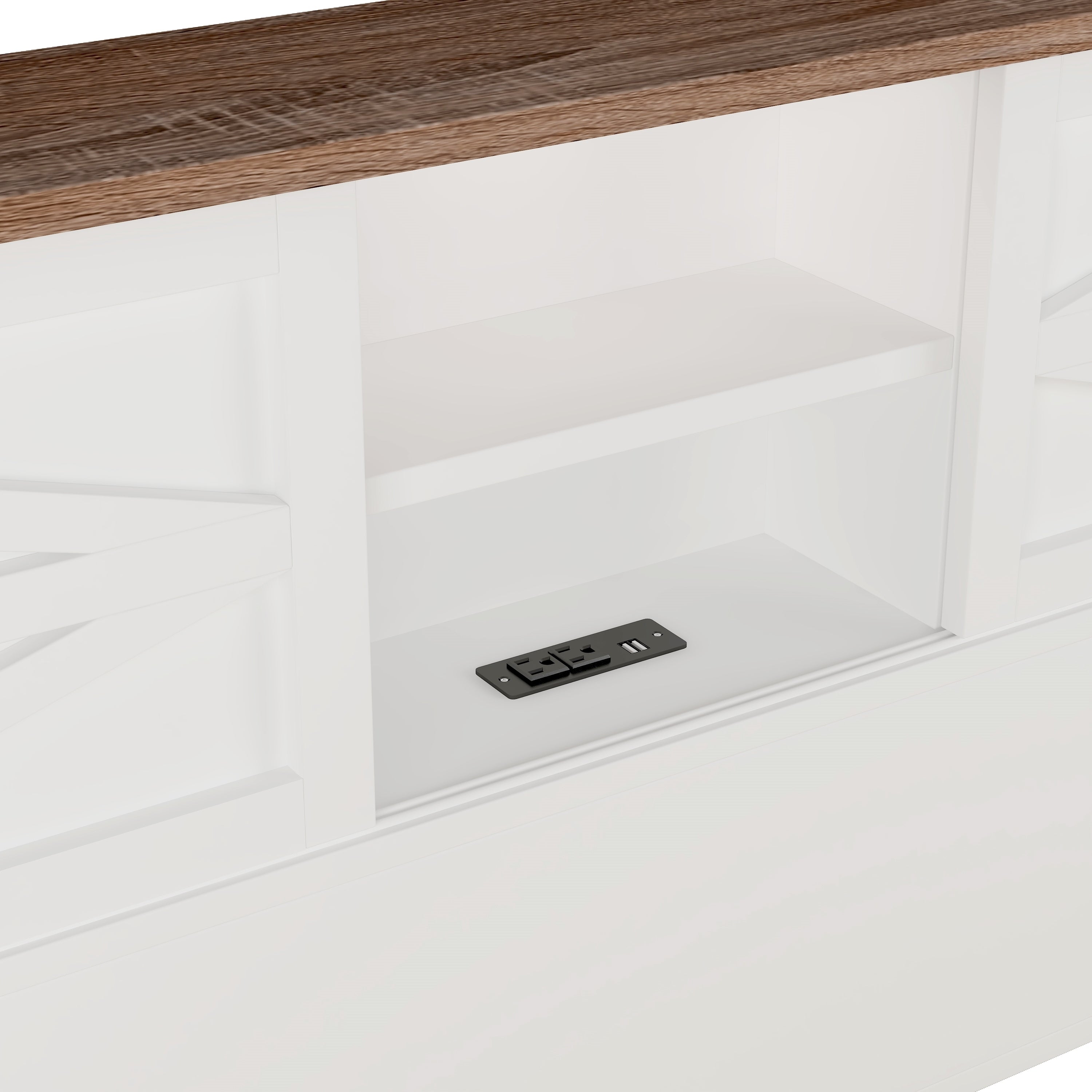 Farmhouse Platform Bed with Double Sliding Barn Door, Full Size Rustic Wood Bed with
Charging Station, Wood Slats Support, White+Brown