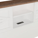 Farmhouse Platform Bed with Double Sliding Barn Door, Full Size Rustic Wood Bed with
Charging Station, Wood Slats Support, White+Brown