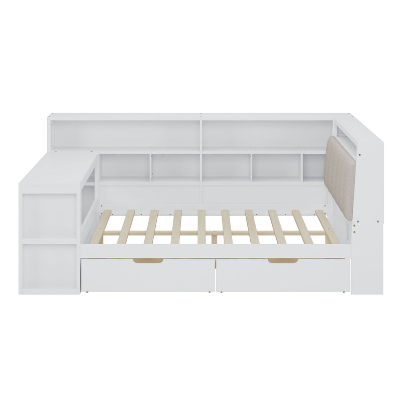 L Shaped Daybed With Desk, Bookcase, Upholstered Headboard, Drawers, And LED Light