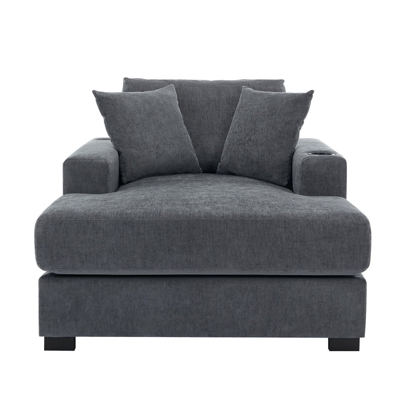 Oversized Chaise Lounger Modern Style Sofa Couch, With Pillows, Charge Station & Cup Holders