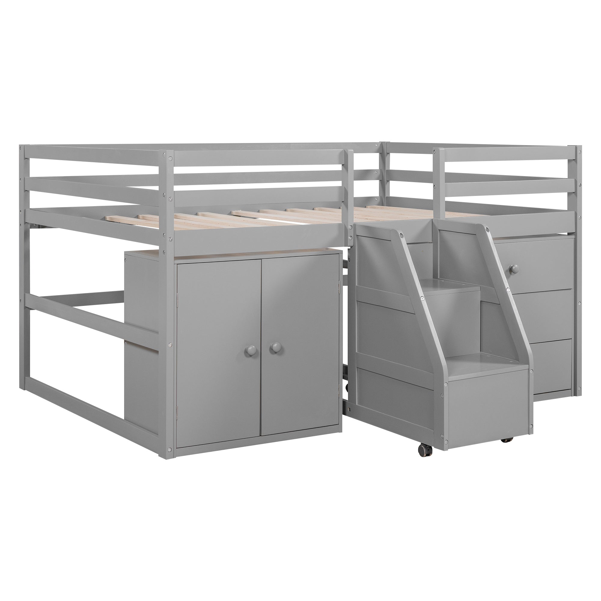Full Size Functional Loft Bed with Cabinets and Drawers, Hanging Clothes at the back of the Staircase, Gray - Atlantic Fine Furniture Melbourne FL