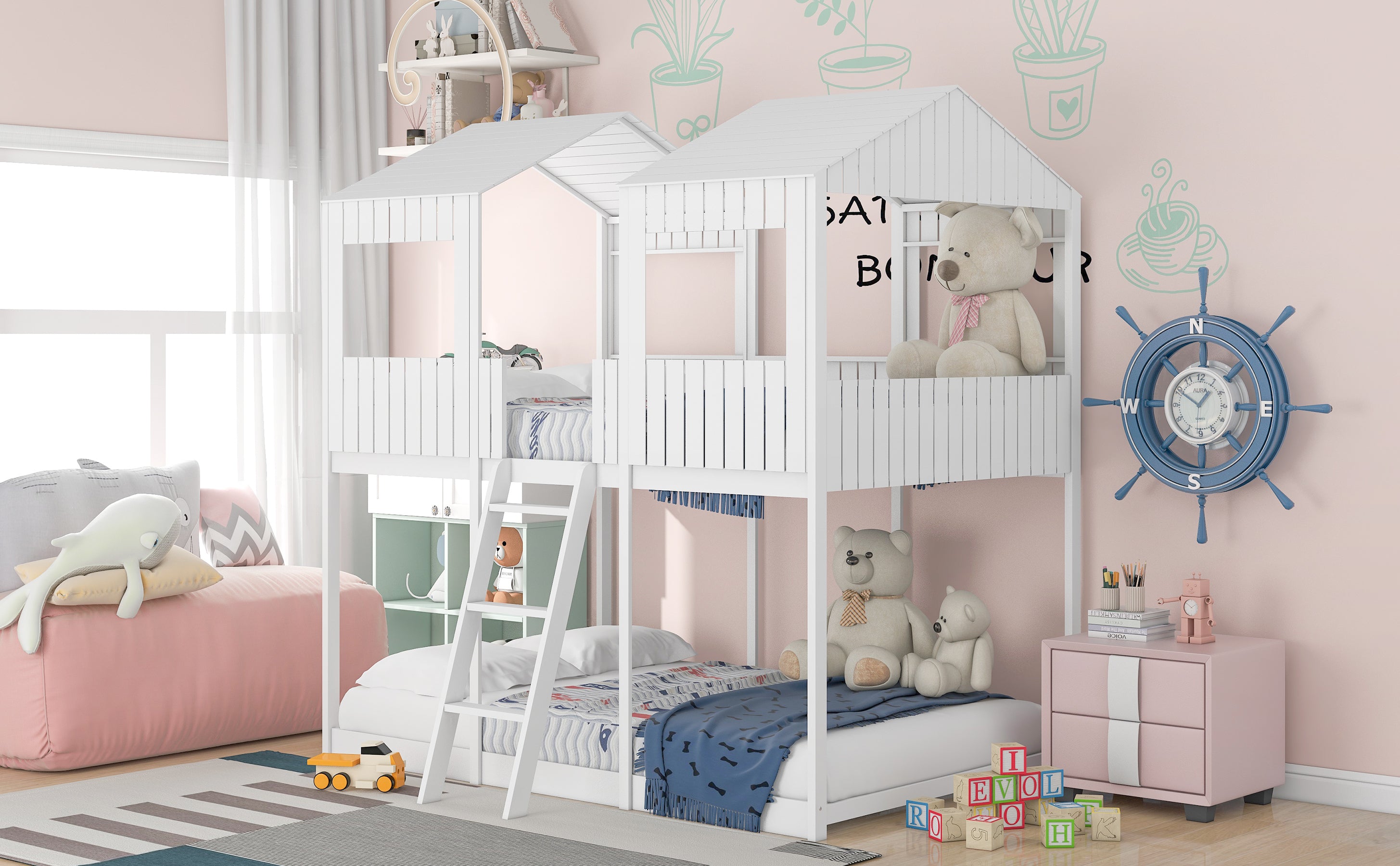 Full Over Full WoodBunk Bed with Roof, Window, Guardrail, Ladder(White)( old sku: LT000031AAK ) - Atlantic Fine Furniture Melbourne FL