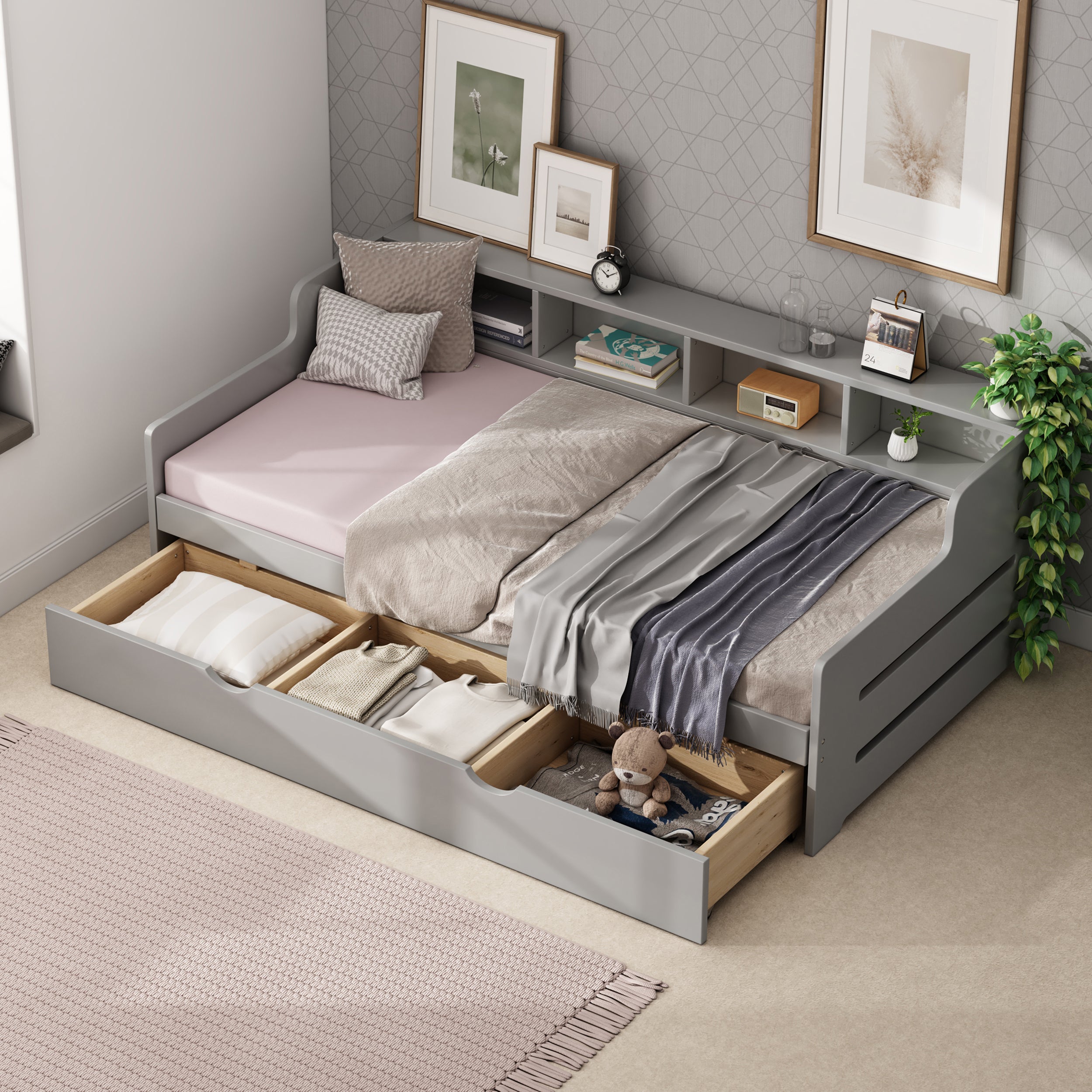 Twin Size Wooden Day Bed with 3 Trawers for Guest Room, Small Bedroom, Study Room, Gray - Atlantic Fine Furniture Melbourne FL