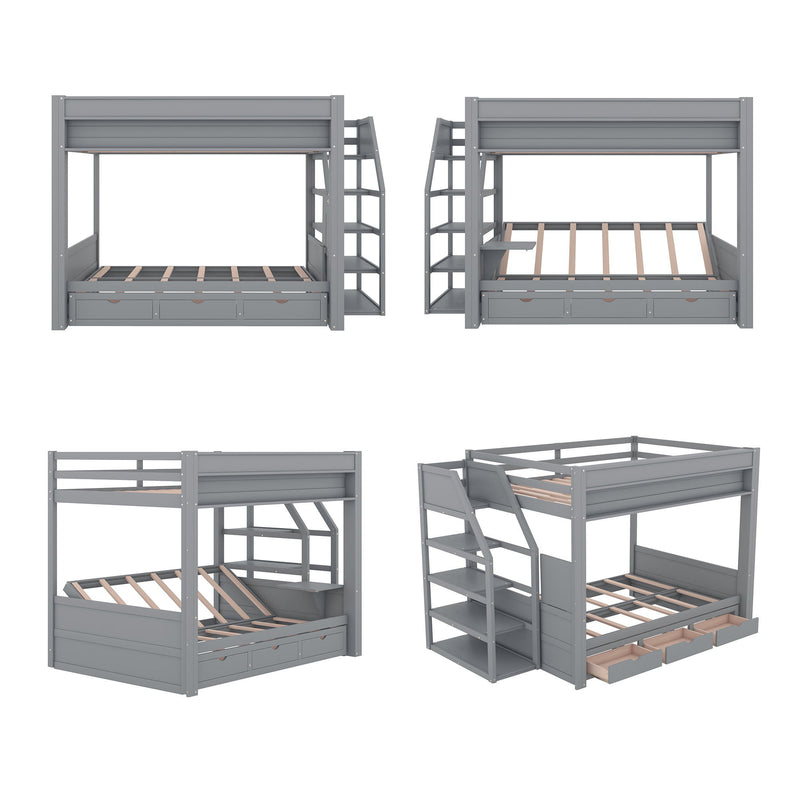 Wood Full Size Convertible Bunk Bed With Storage Staircase, Bedside Table, And 3 Drawers - Gray