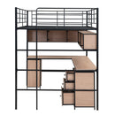 Metal Loft Bed with bookcase, desk and cabinet, Full, Black