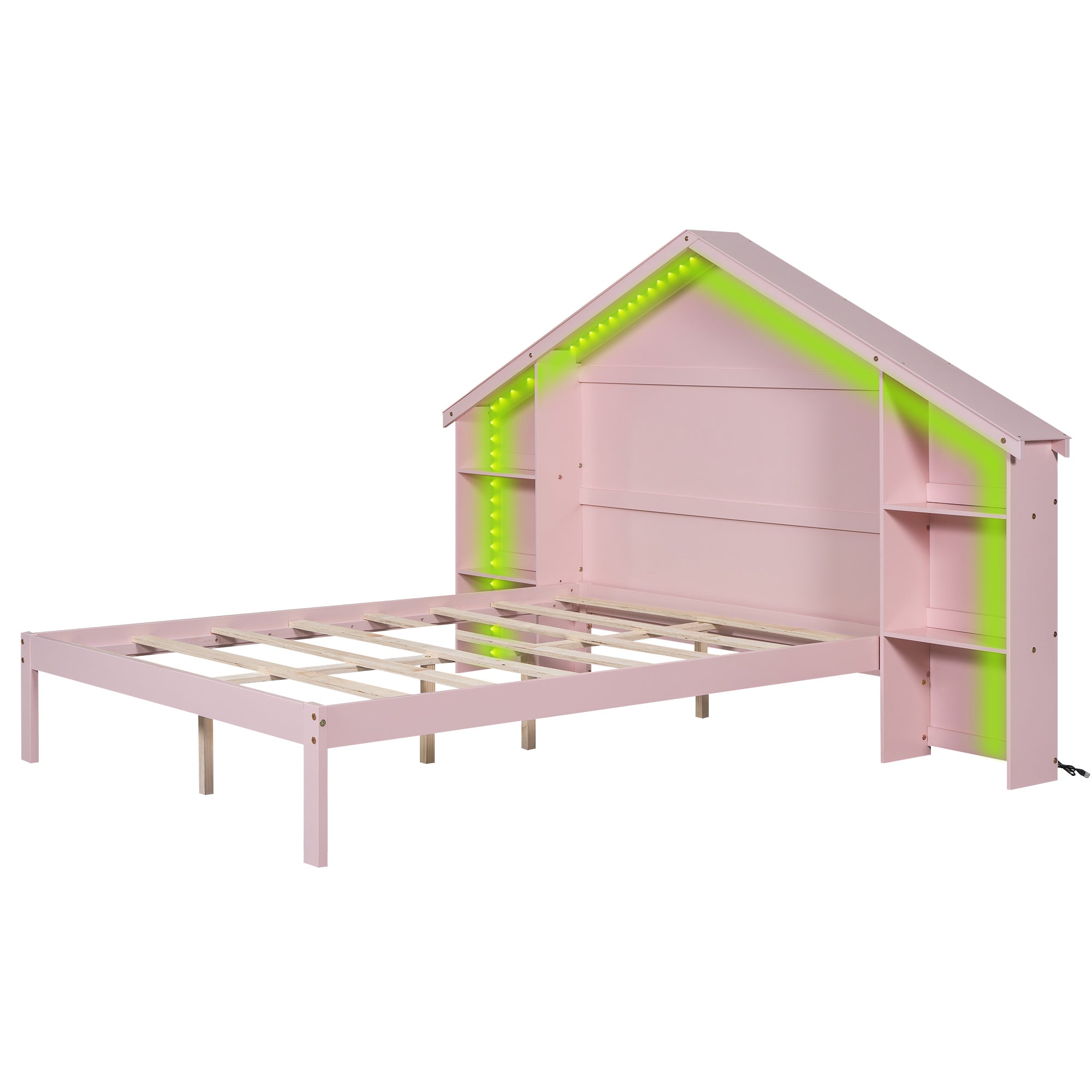 Wood Full Size Platform Bed with House-shaped Storage Headboard and Built-in LED, Pink - Atlantic Fine Furniture Melbourne FL