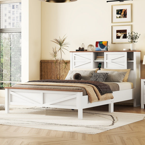 Farmhouse Platform Bed with Double Sliding Barn Door, Queen Size Rustic Wood Bed with
Charging Station, Wood Slats Support, White+Brown