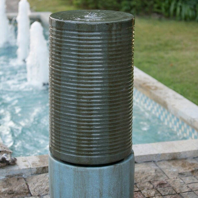 Tall Large Round Ribbed Tower Water Fountain, Verge Bronze, Cement Outdoor Bird Feeder / Bath Fountain