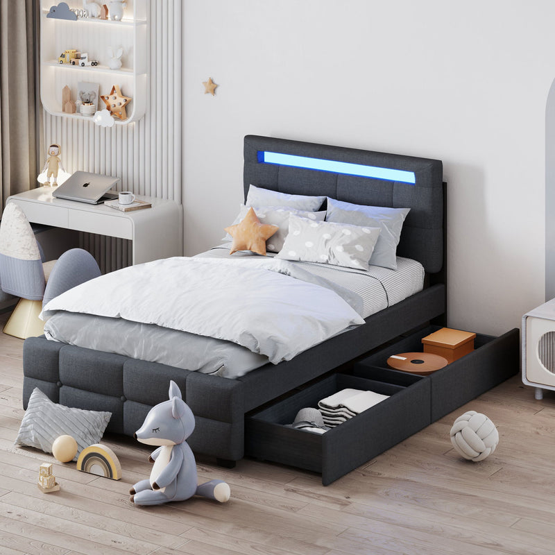 Upholstered Platform Bed With LED Frame, With Trundle And 2 Drawers