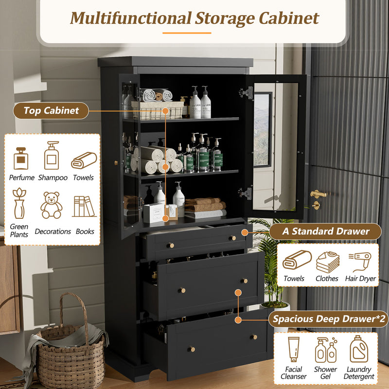 Freestanding Tall Bathroom Cabinet With Adjustable Shelves, Drawers, Soft Close Glass Doors - Black