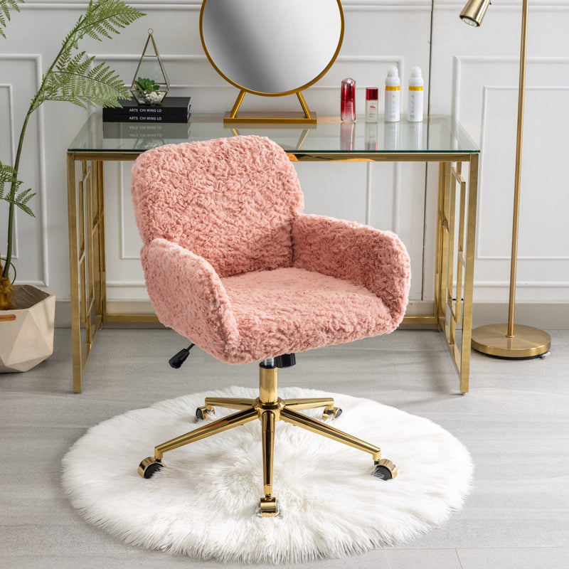 Office Chair, Artificial Rabbit Hair Home Office Chair With Golden Metal Base, Adjustable Desk Chair Swivel Office Chair, Vanity Chair