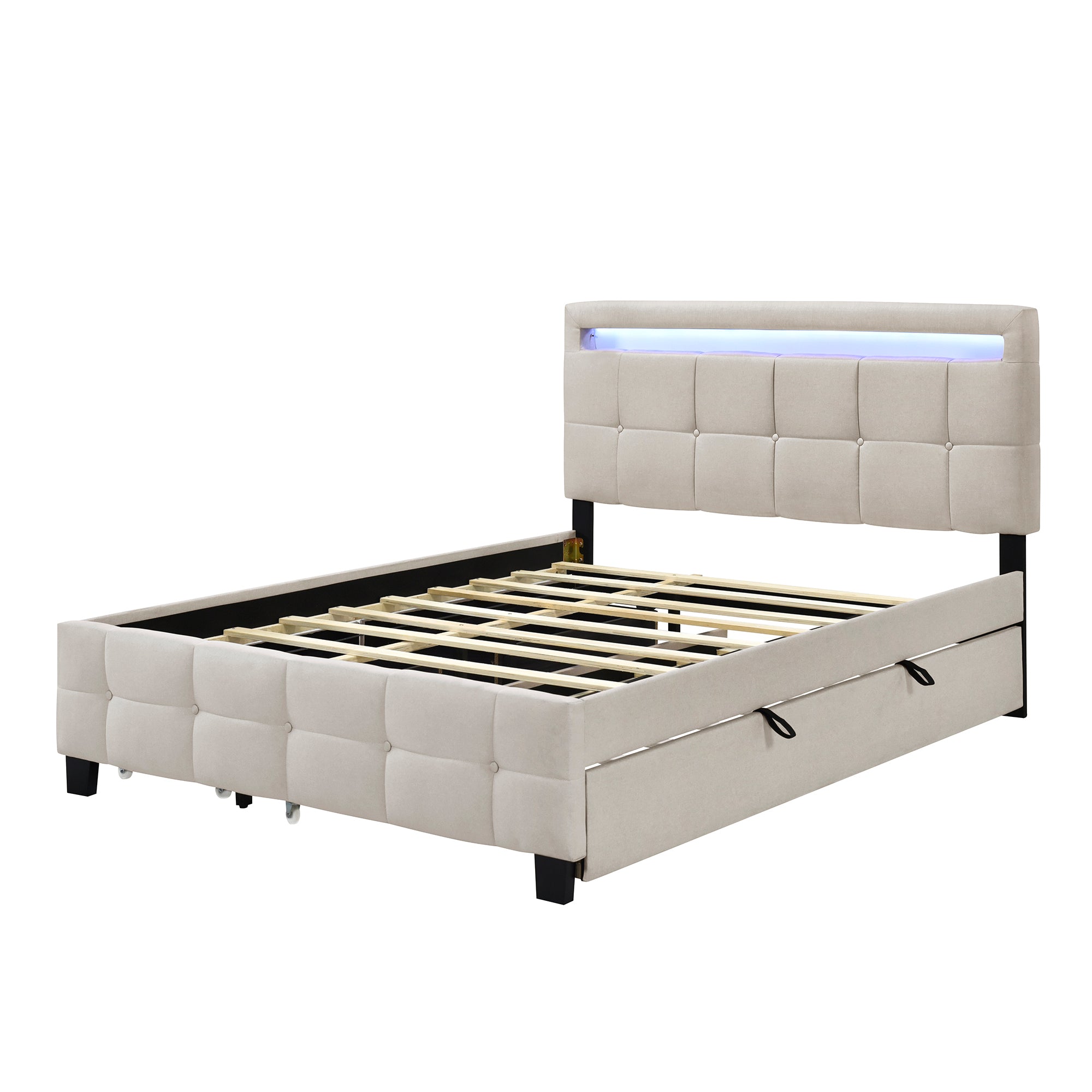 Queen Size Upholstered Platform Bed with LED Frame, with Twin XL Size Trundle and 2 drawers, Linen Fabric, Beige - Atlantic Fine Furniture Melbourne FL