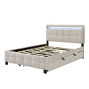Queen Size Upholstered Platform Bed with LED Frame, with Twin XL Size Trundle and 2 drawers, Linen Fabric, Beige
