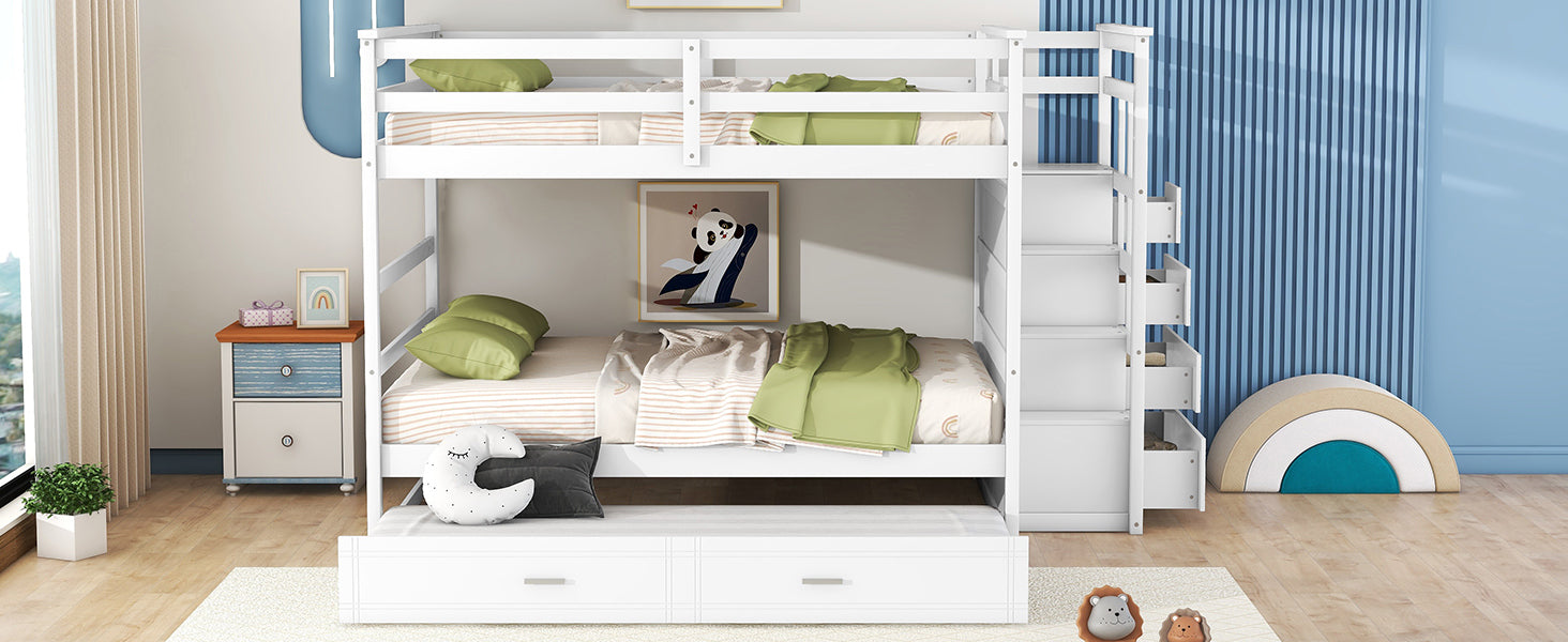 Full Over Full Bunk Bed with Twin Size Trundle and Staircase, White - Atlantic Fine Furniture Melbourne FL