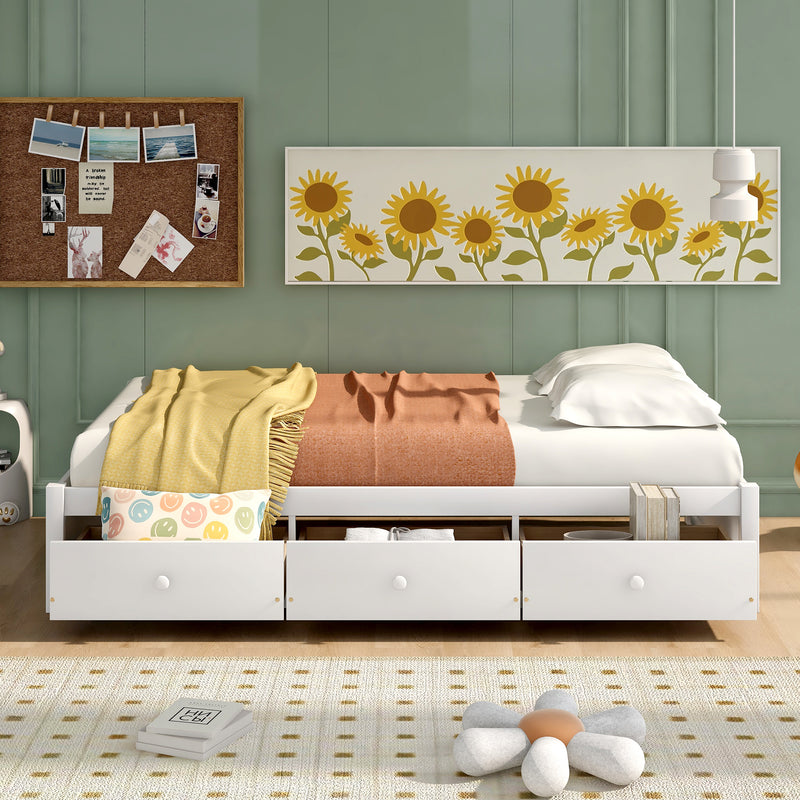 Twin Size Platform Storage Bed with 3 Drawers,White