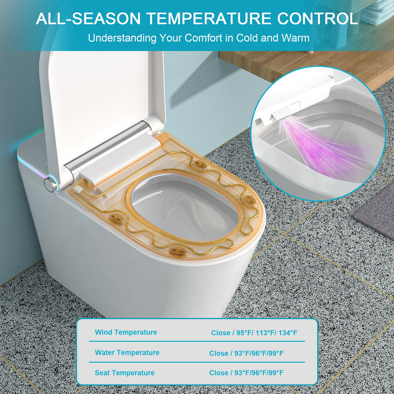 Smart Toilet With Bidet Built In, Auto Open & Close, Elongated Heated Seat, Foot Sensor Flush, LED Display, Warm Water Wash - White