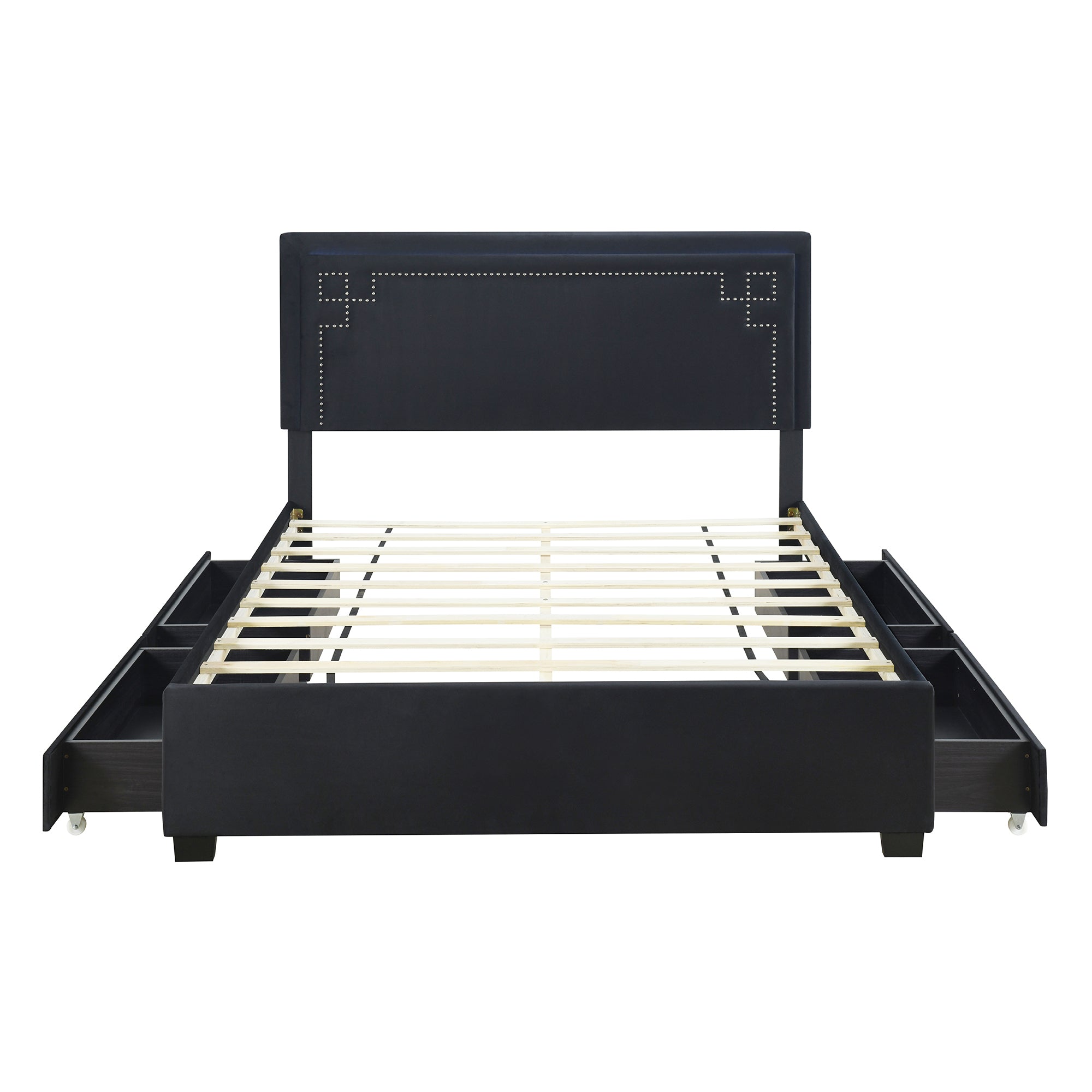 Queen Size Upholstered Platform Bed with Rivet-decorated Headboard, LED bed frame and 4 Drawers, Black