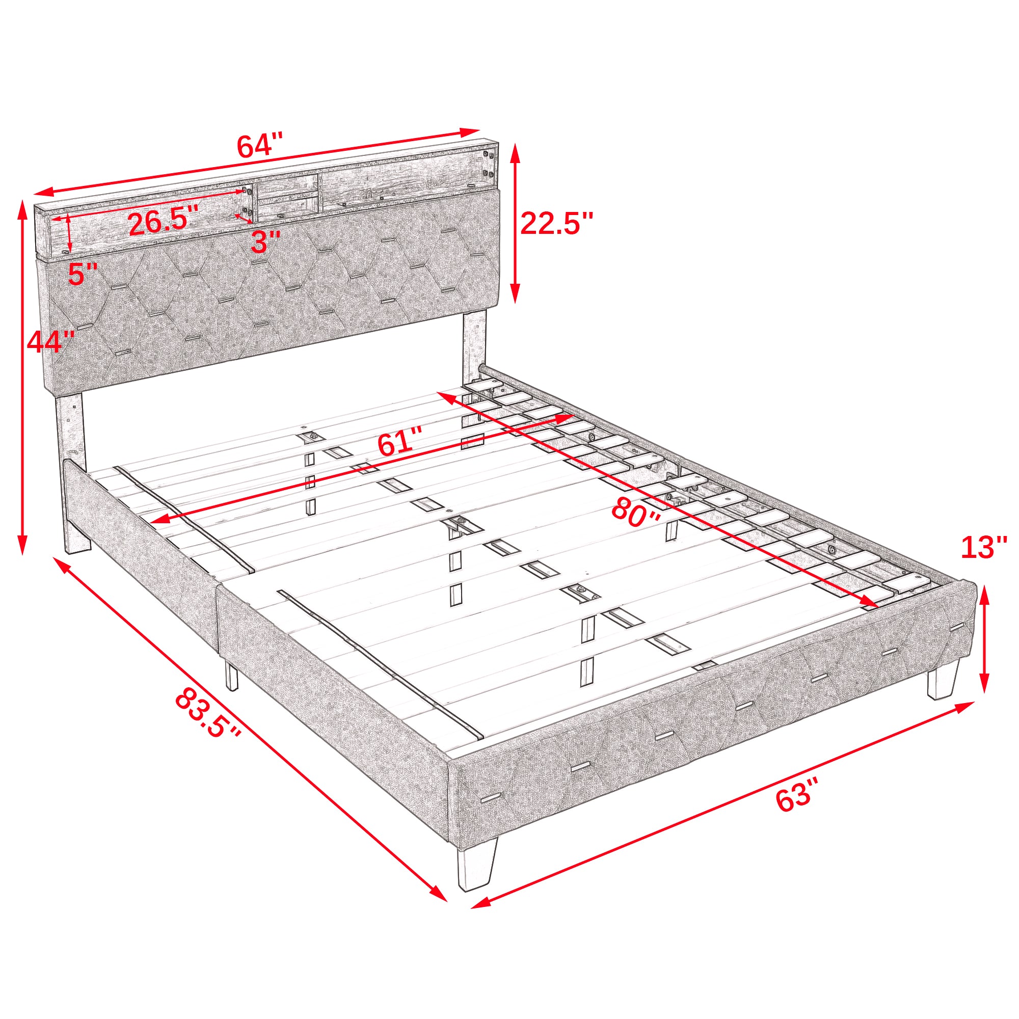 Queen Size Bed Frame, Shelf Upholstered Headboard, Platform Bed with Outlet & USB Ports, Wood Legs, No Box Spring Needed, Easy Assembly, Grey - Atlantic Fine Furniture Melbourne FL