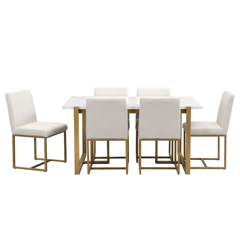 Modern Dining Table Set For 6 Faux Marble Kitchen Table Set With 6 Upholstered Dining Chairs, 7 Piece - White / Golden