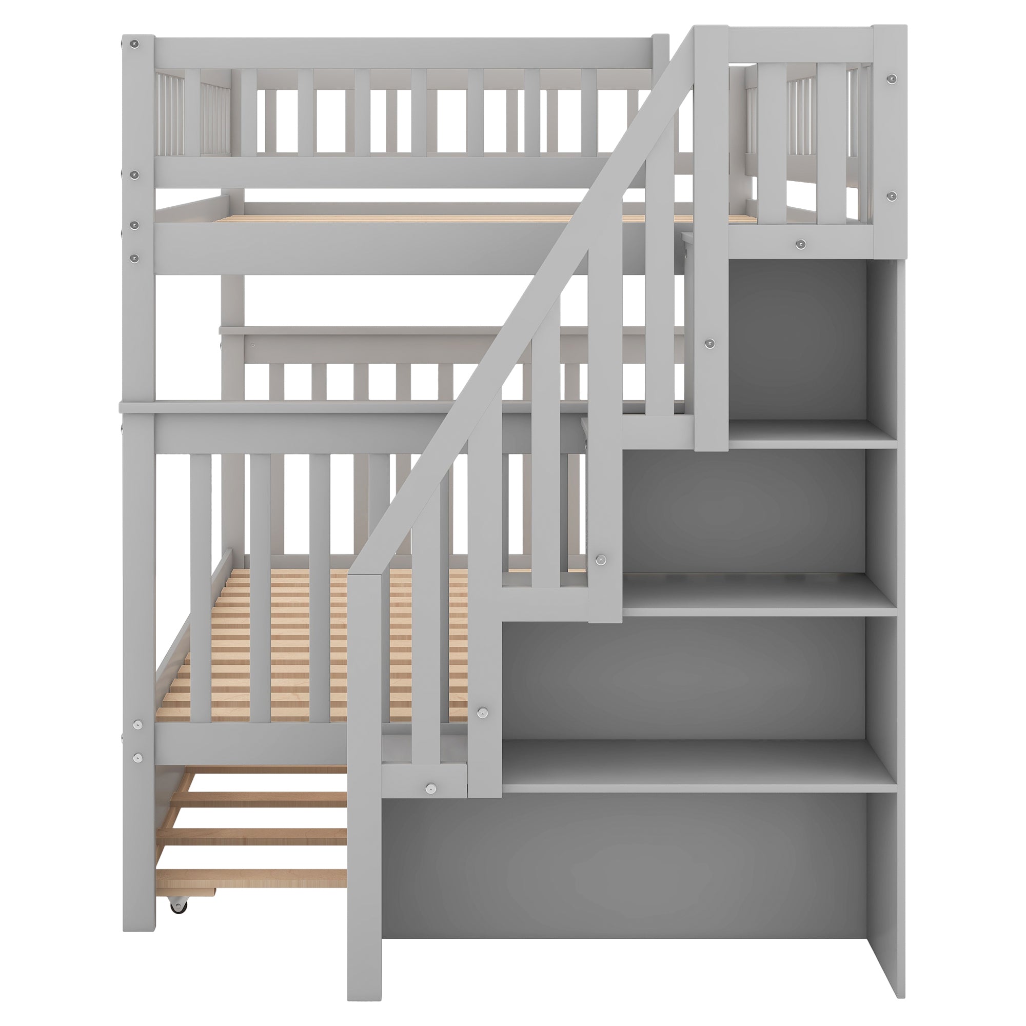 Full over Full Bunk Bed with Trundle and Staircase,Gray - Atlantic Fine Furniture Melbourne FL