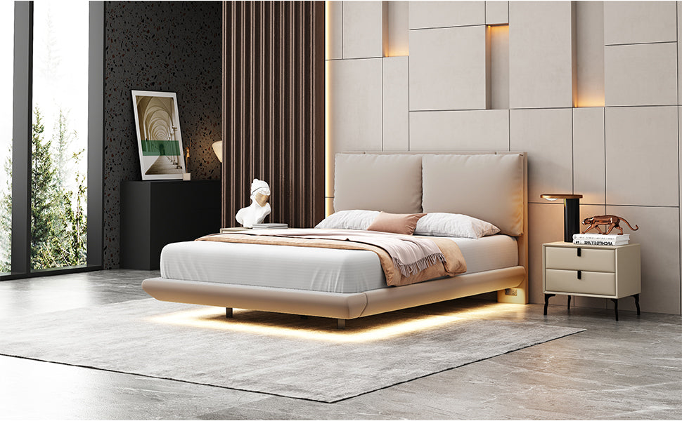 Full Size Upholstered Platform Bed with Sensor Light and 2 Large Backrests, Stylish Platform Bed with 2 sets of USB Port and Socket on each rear Bed Leg, Beige - Atlantic Fine Furniture Melbourne FL