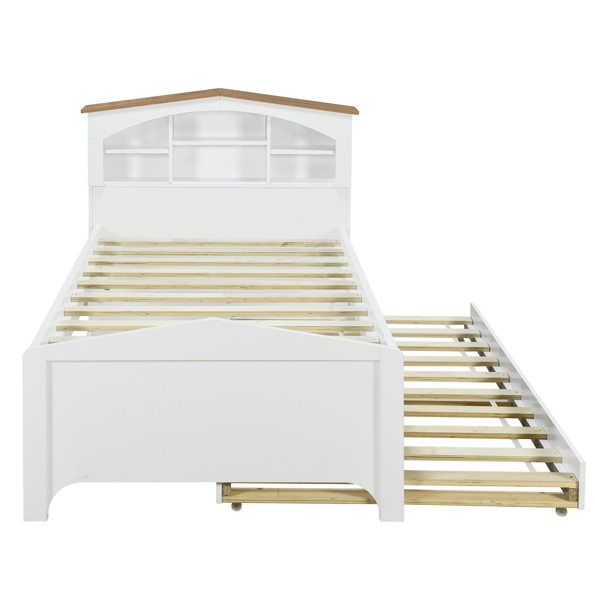 Twin Size Wood Platform Bed with House-shaped Storage Headboard and Trundle, White - Atlantic Fine Furniture Melbourne FL