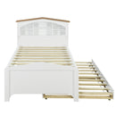 Twin Size Wood Platform Bed with House-shaped Storage Headboard and Trundle, White