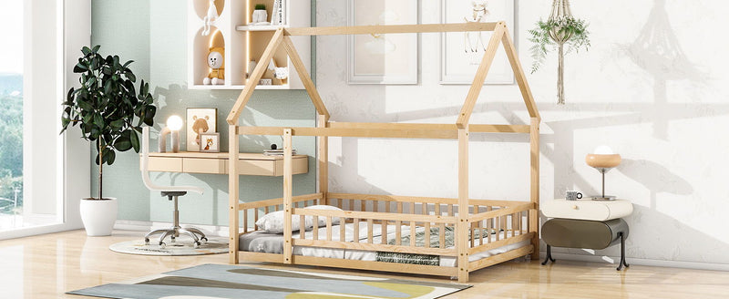 Floor Wooden Bed With House Roof Frame, Fence Guardrails