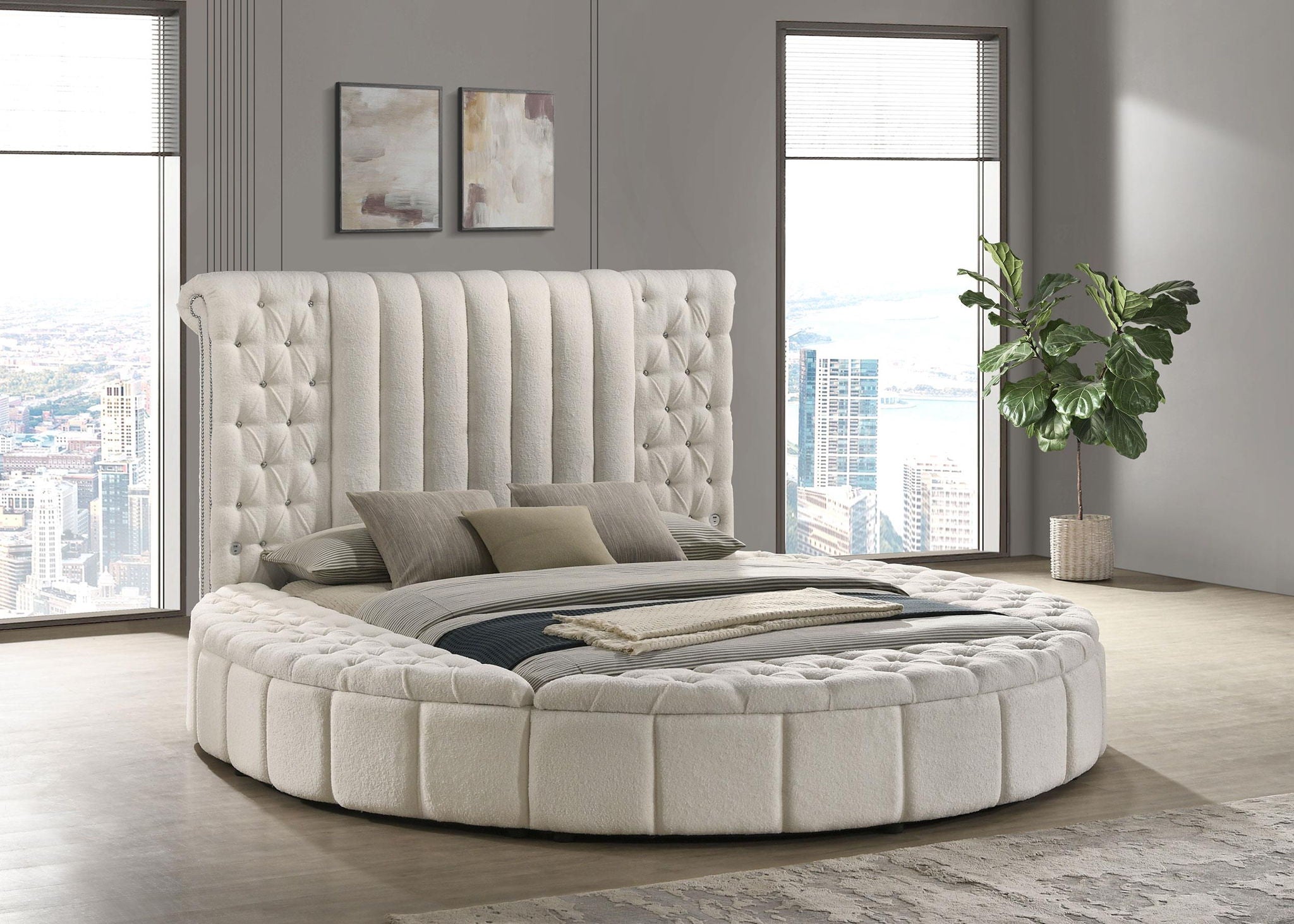 Sonya Upholstered Queen Round Storage Bed Ivory