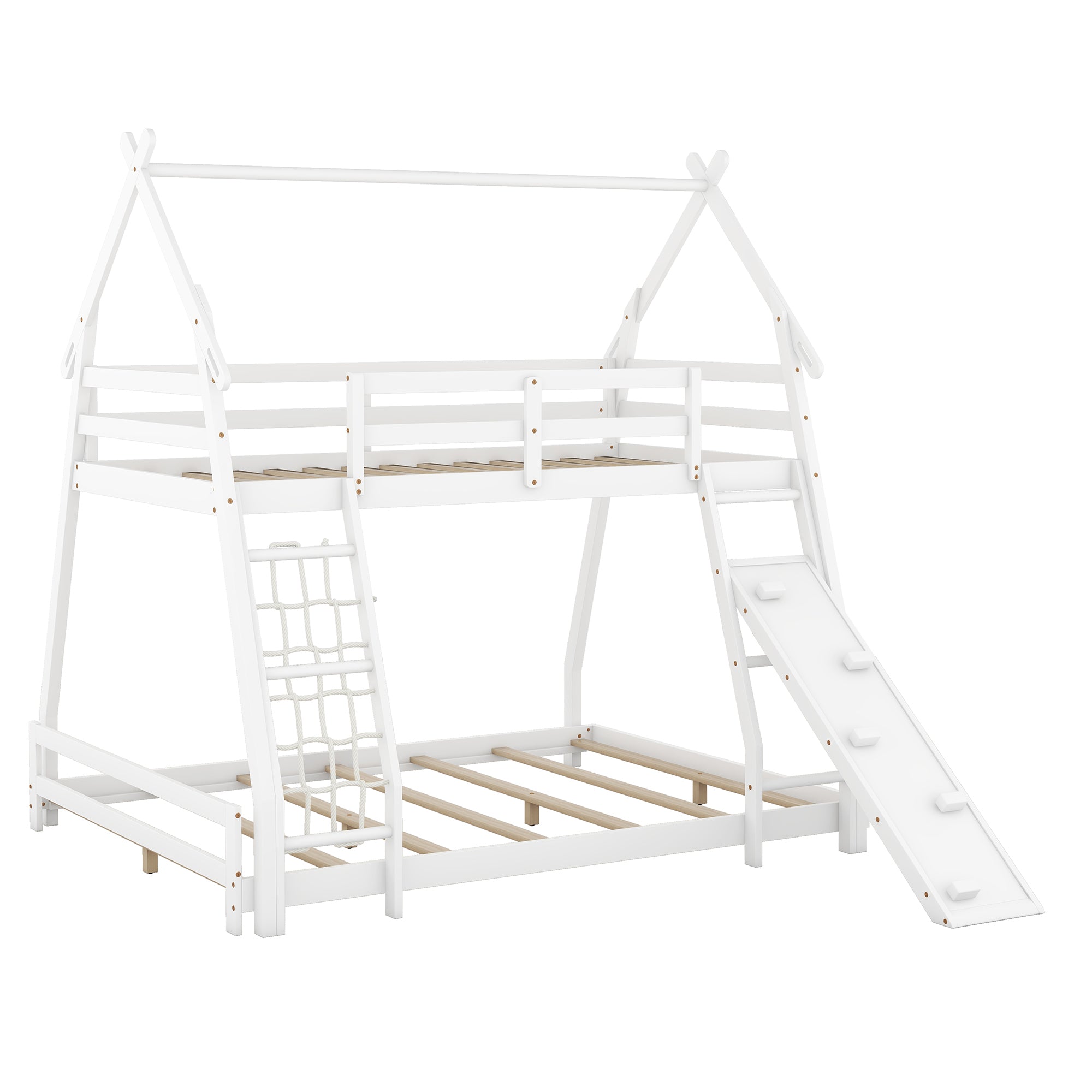 Twin over Queen House Bunk Bed with Climbing Nets and Climbing Ramp, White - Atlantic Fine Furniture Melbourne FL
