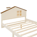 Full Size Wood Platform Bed with House-shaped Headboard and Built-in LED, Walnut+Milk White