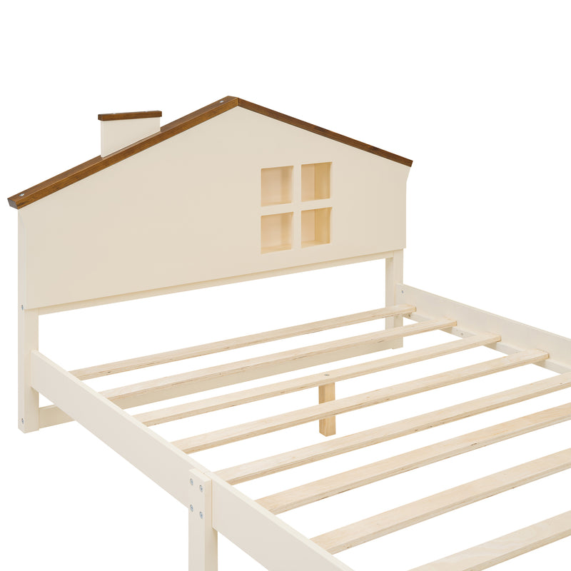 Full Size Wood Platform Bed with House-shaped Headboard and Built-in LED, Walnut+Milk White
