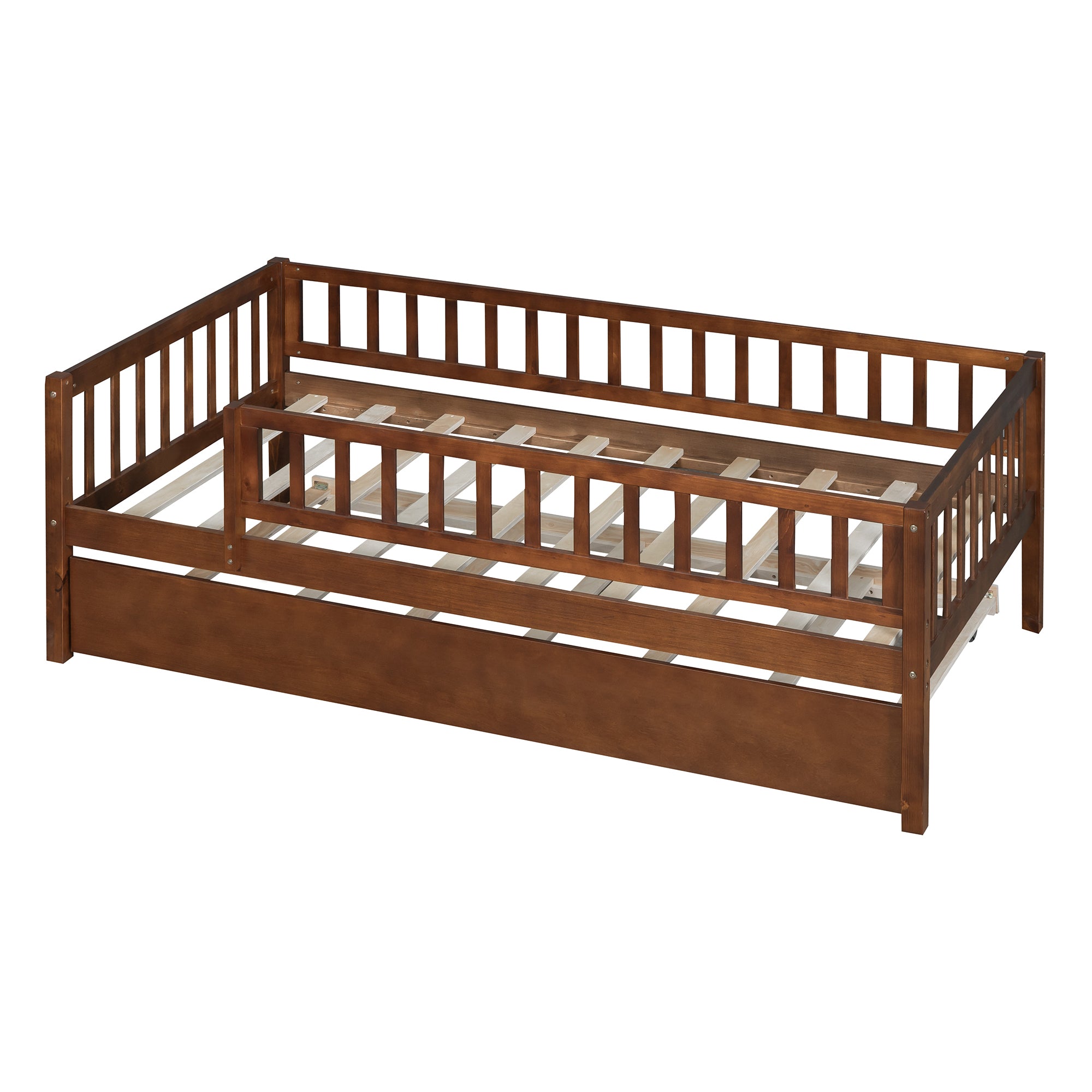 Twin Size Wood Daybed with Trundle and Fence Guardrails, Walnut - Atlantic Fine Furniture Melbourne FL