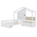 House Bed With Upholstered Sofa, Wireless Charging Station, Shelves And 2 Drawers