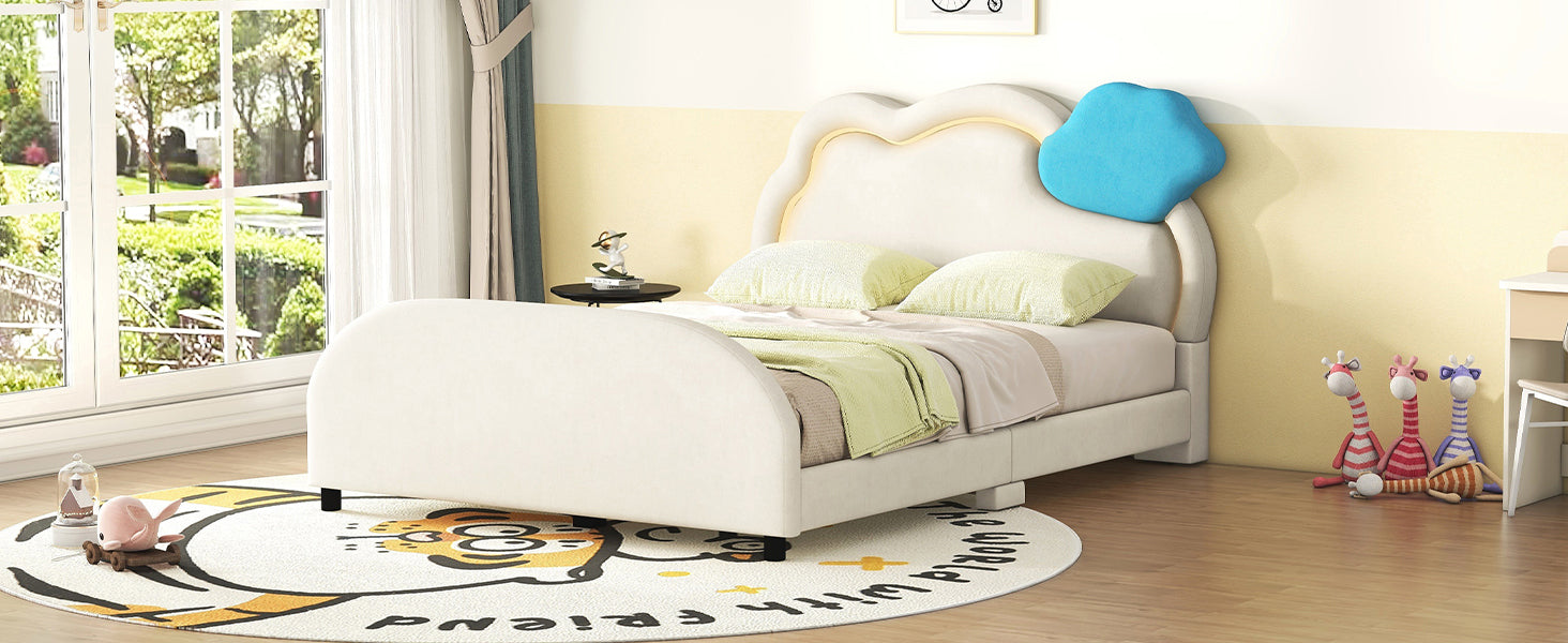 Full Size Upholstered Platform Bed with Cloud-Shaped Headboard and Embedded Light Stripe, Velvet, Beige - Atlantic Fine Furniture Melbourne FL