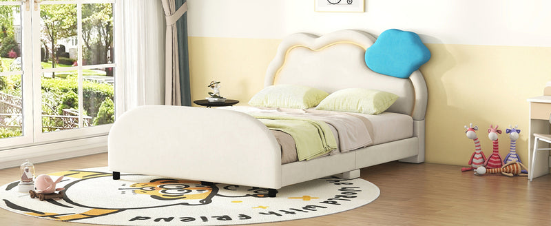 Full Size Upholstered Platform Bed with Cloud-Shaped Headboard and Embedded Light Stripe, Velvet, Beige