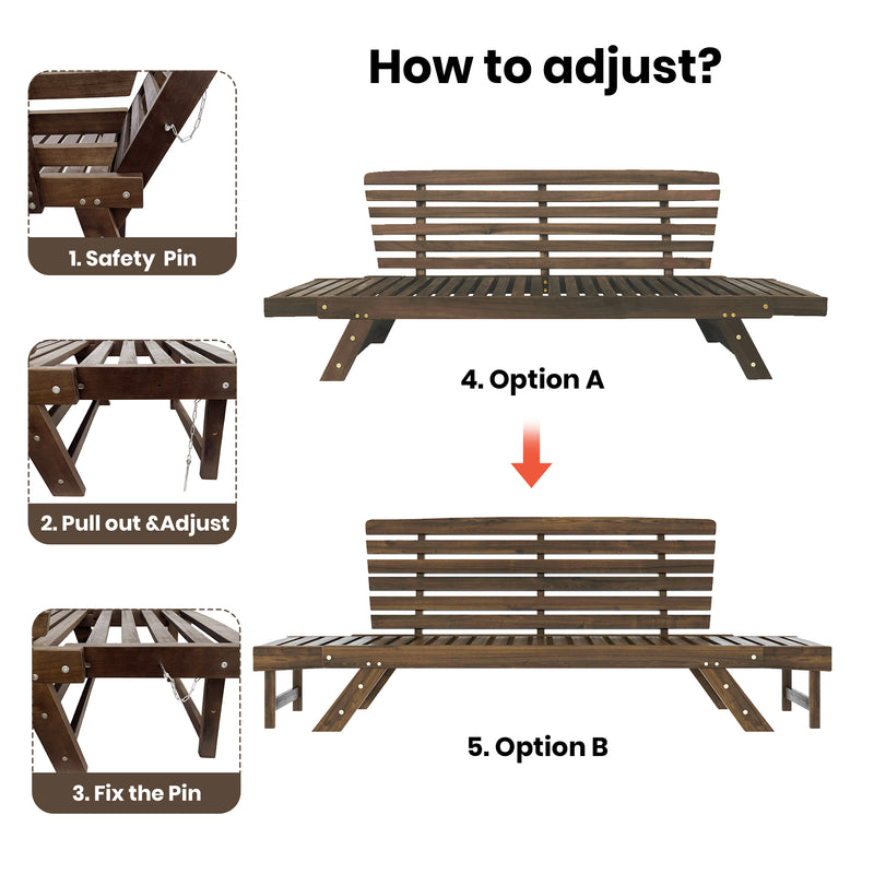 TOPMAX Outdoor Adjustable Patio Wooden Daybed Sofa Chaise Lounge with Cushions for Small Places, Brown Finish+Gray Cushion