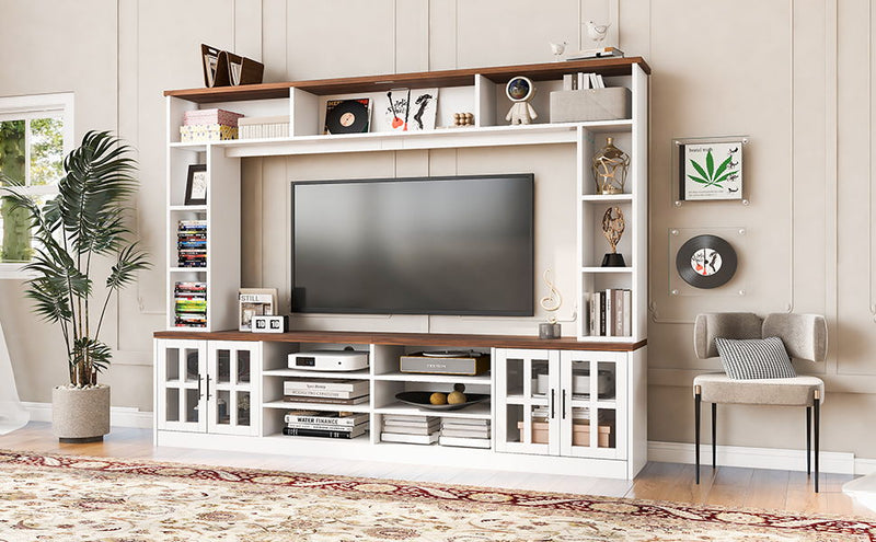 Wall Unit Entertainment Center With Bookshelves For TVs Up To 80", Tempered Glass Doors And Adjustable Shelves