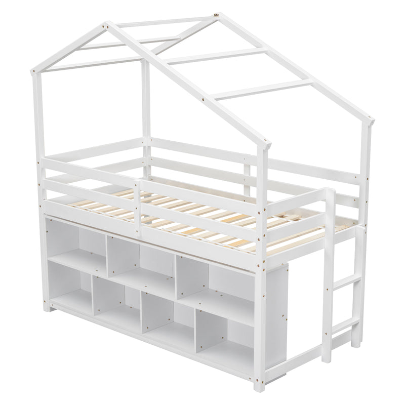 House Loft Bed With Roof Frame, Under Bed Shelving Storage Unit, Guardrails, Ladder