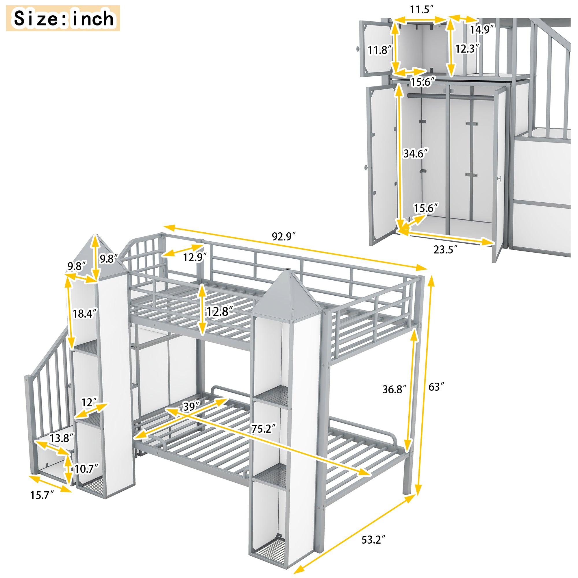 Metal Twin over Twin Castle-shaped Bunk Bed with Wardrobe and Multiple Storage, Gray+White - Atlantic Fine Furniture Melbourne FL
