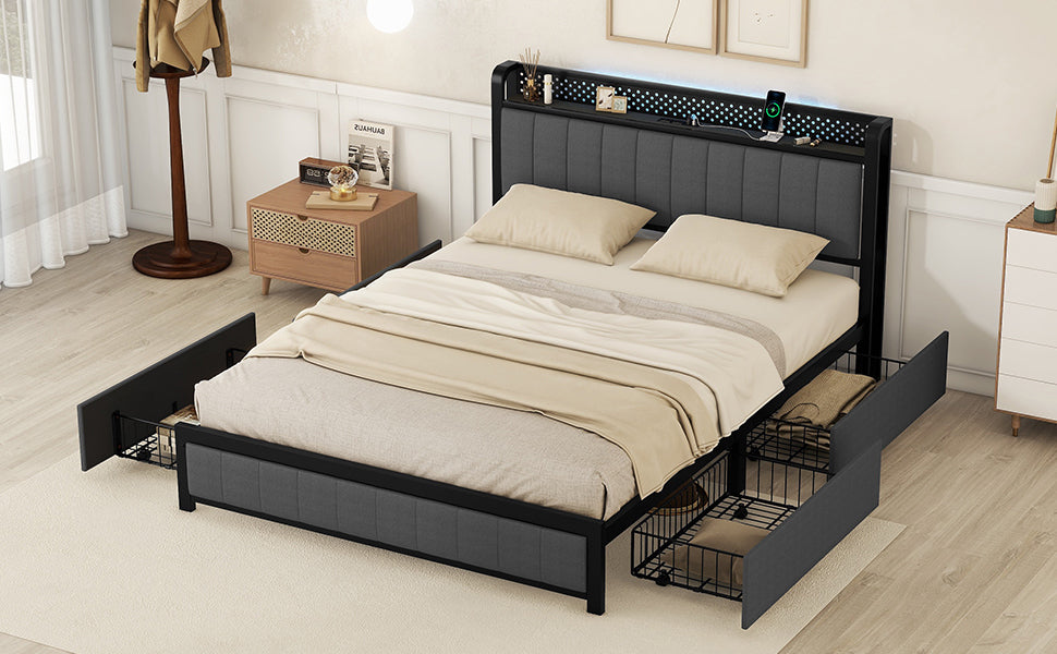 Queen Bed Frame with LED Headboard, Upholstered Bed with 4 Storage Drawers and USB Ports, Dark Grey - Atlantic Fine Furniture Melbourne FL