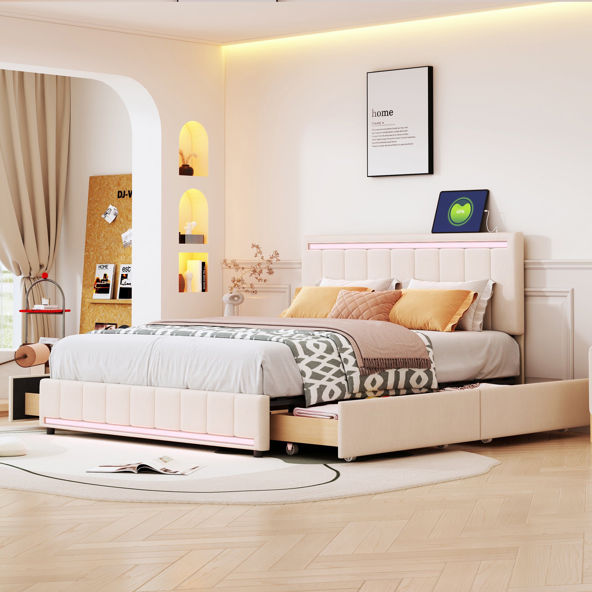 Queen Size Upholstered Bed with LED Light and 4 Drawers,  Modern Platform Bed with a set of Sockets and USB Ports, Linen Fabric, Beige - Atlantic Fine Furniture Melbourne FL