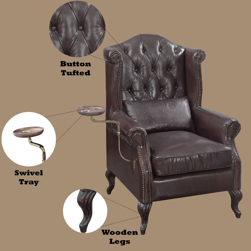 Pino - Vintage Top Grain Leather Accent Chair With 1 Toss Pillow - Brown