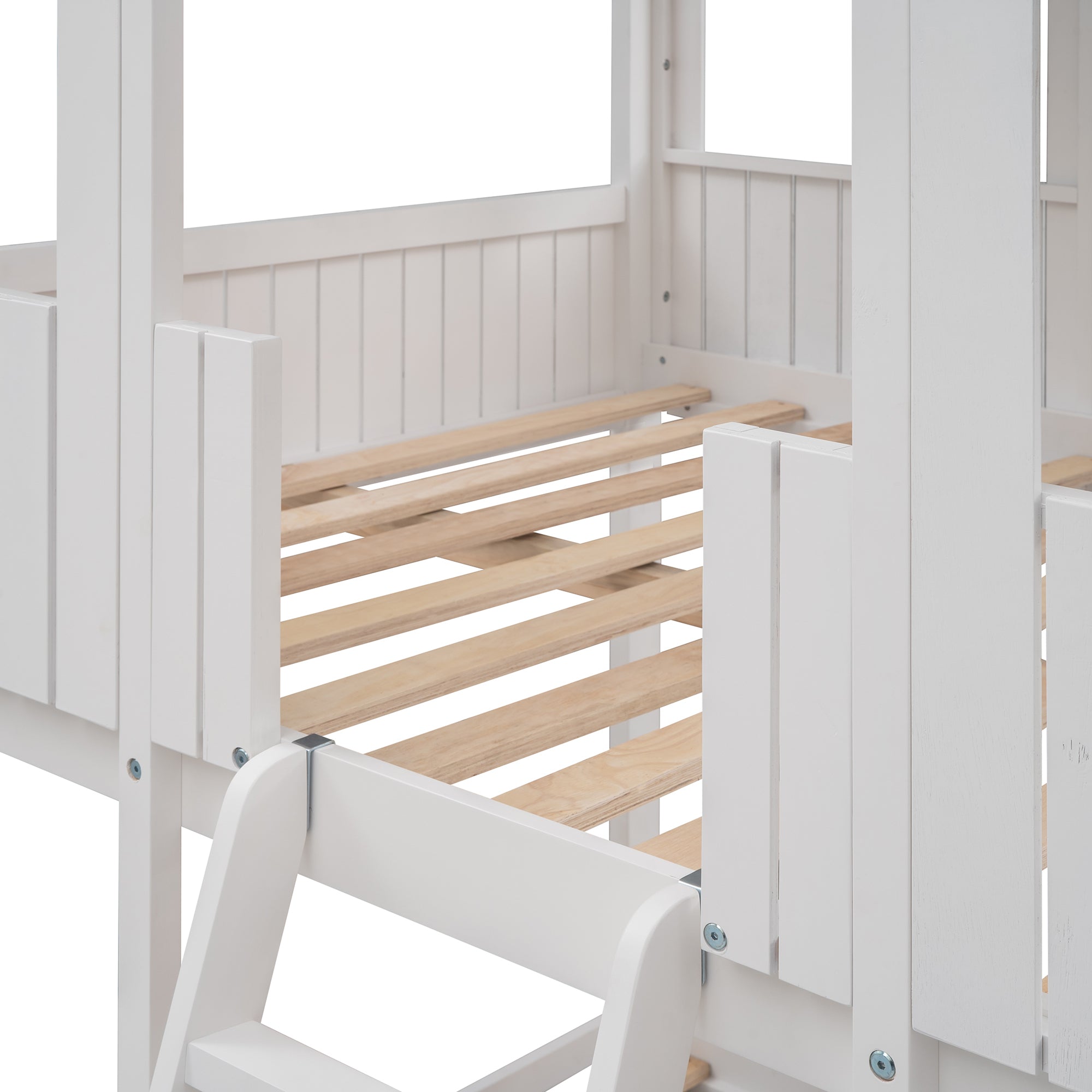 Full Over Full WoodBunk Bed with Roof, Window, Guardrail, Ladder(White)( old sku: LT000031AAK ) - Atlantic Fine Furniture Melbourne FL