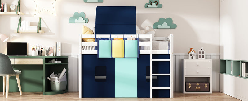 Twin Size Loft Bed with Tent and Tower  and  Three Pockets- Blue