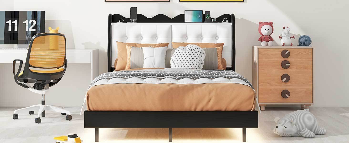 Full Size Upholstery Platform Bed Frame with LED Light Strips and Built-in Storage Space,Black - Atlantic Fine Furniture Melbourne FL