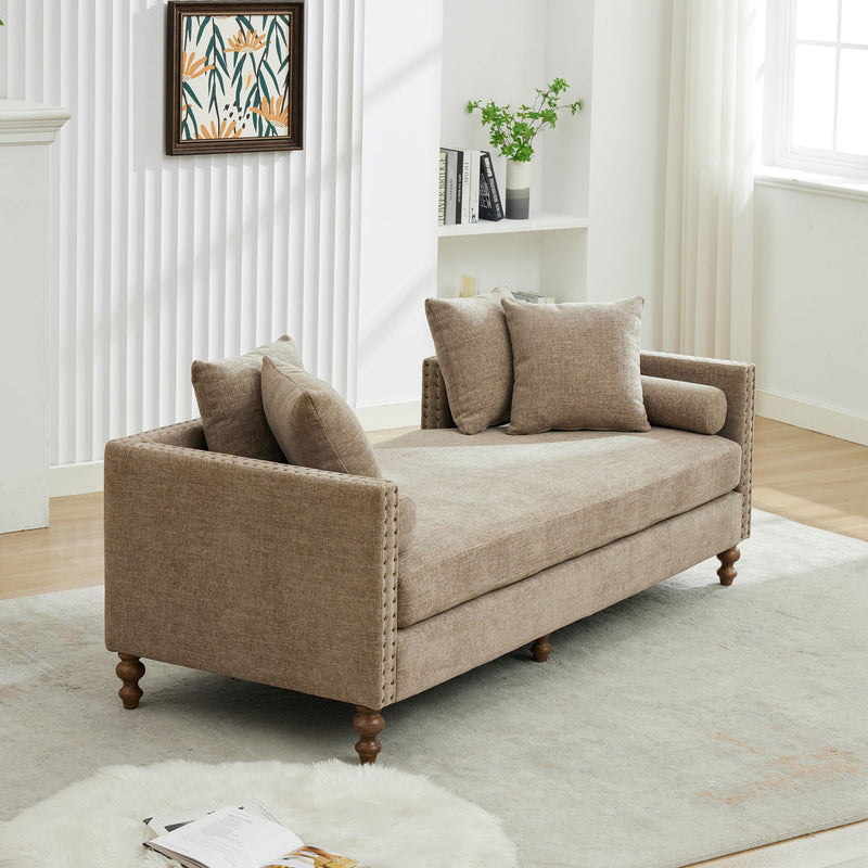 Upholstered Chaise Lounge Indoor With Nailheads, Sleeper Sofa Couch With 4 Throw Pillows & 2 Bolsters, Daybed With Rubberwood Legs