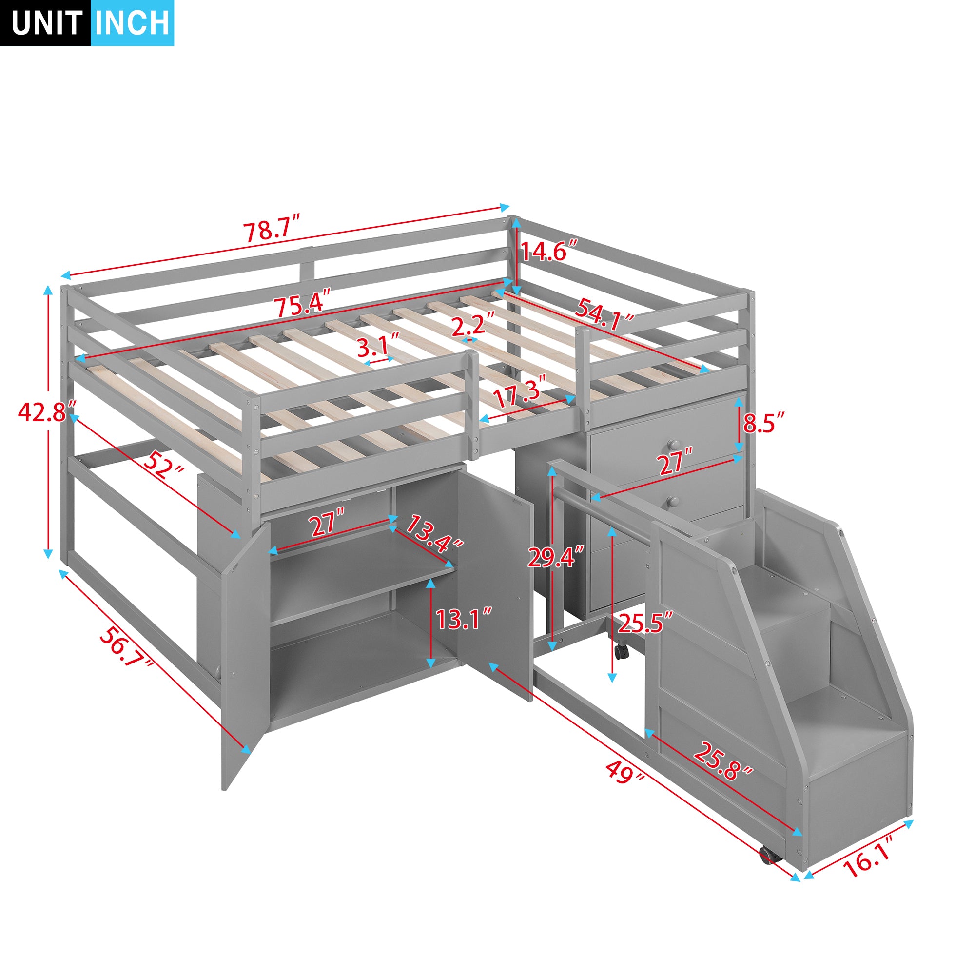 Full Size Functional Loft Bed with Cabinets and Drawers, Hanging Clothes at the back of the Staircase, Gray - Atlantic Fine Furniture Melbourne FL