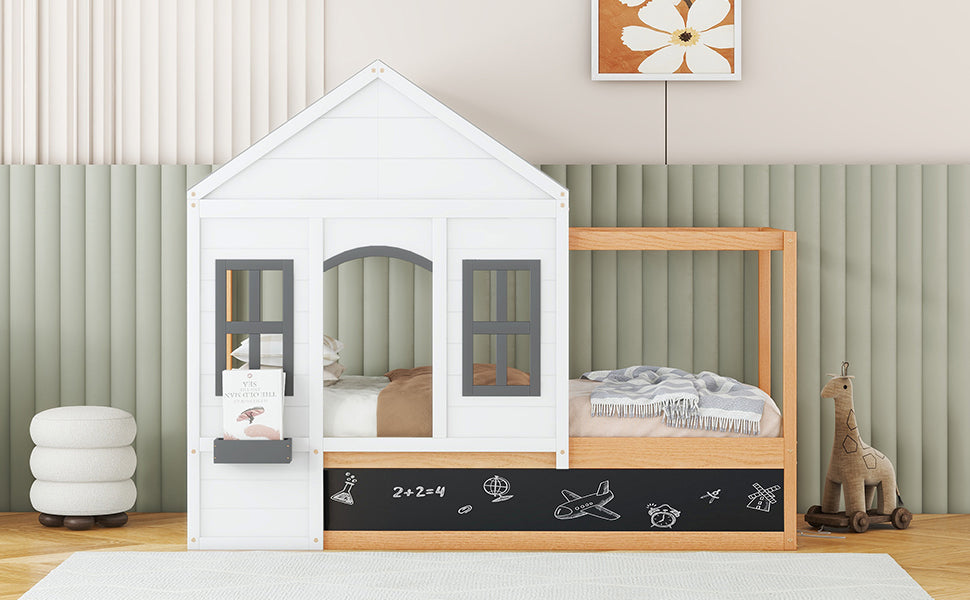 Twin Size House Shaped Canopy Bed with Black Roof and White Window,Blackboard and Little Shelf, White(Old SKU: WF294051AAK) - Atlantic Fine Furniture Melbourne FL